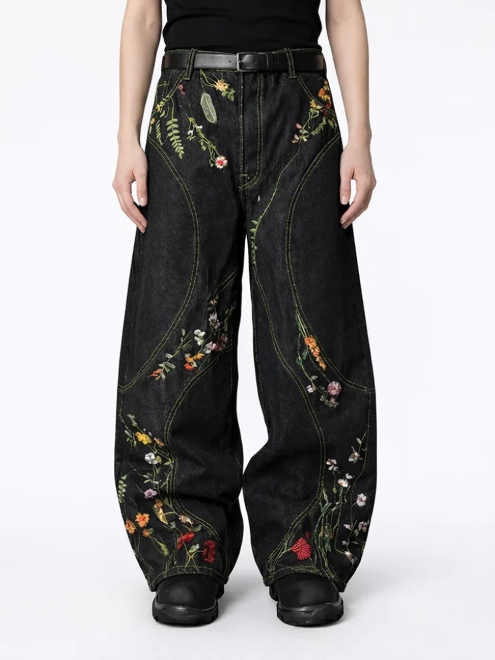 Midnight Bloom Y2K Floral Baggy Wide Leg Jeans Size M